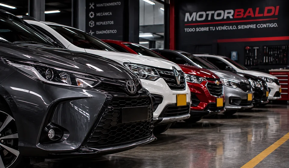 Carros alineados en un taller con identidad de MotorBaldi